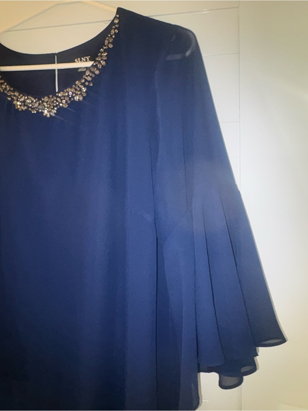 SLNY Navy Chiffon Dress with Jeweled Neckline